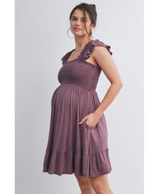 Maternity Empire Waist Cap Sleeve Smocked Dress with Ruffle Hem