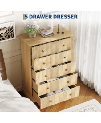 5 Drawer Tall Dresser for Bedroom, Fluted Vertical Chest of Drawers, Wood Storage Dresser with Metal Handles