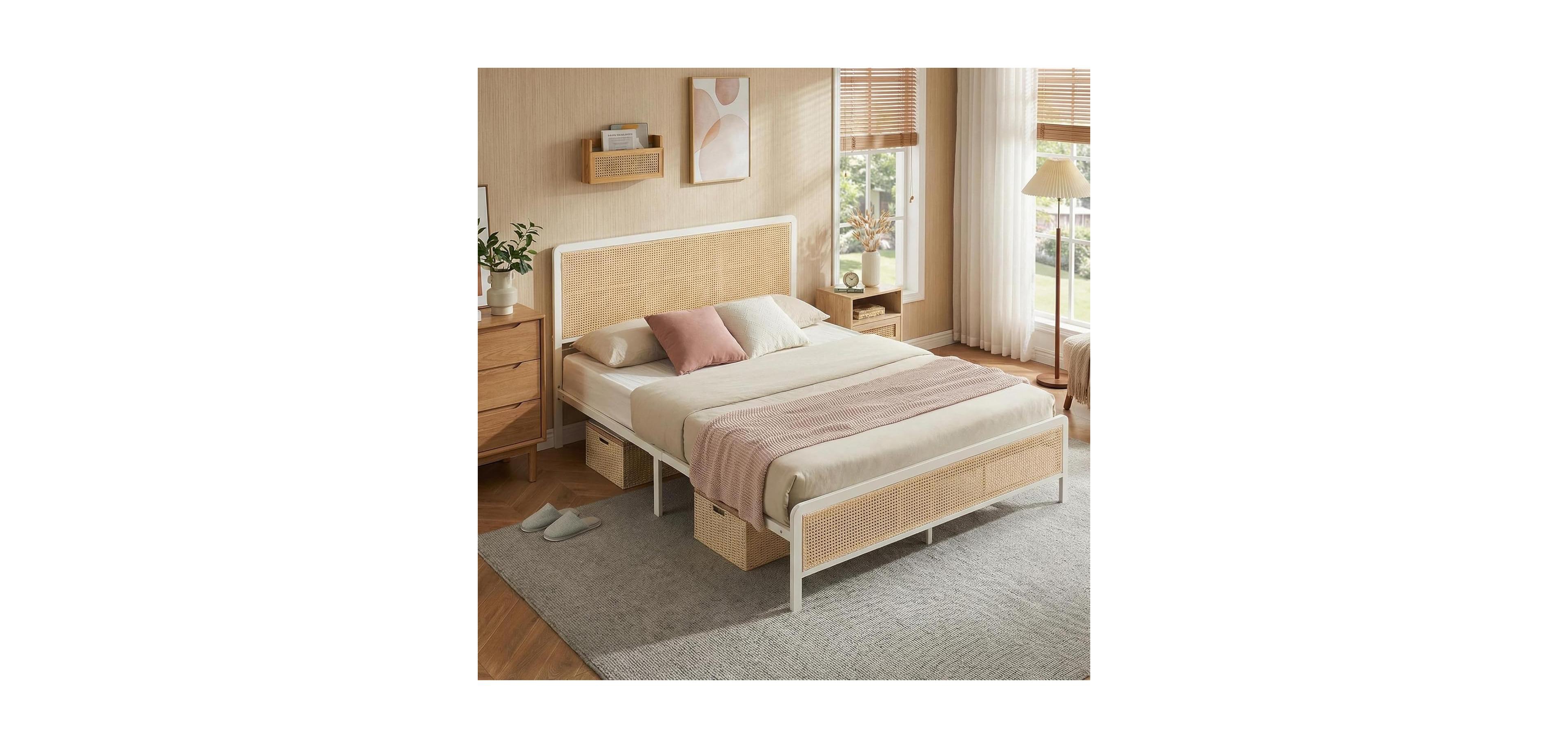 gaomon Size Rattan Bed Frame with Headboard, Modern Style Cane Boho Bed Frames with Heavy Duty Sturdy Steel Slat Support