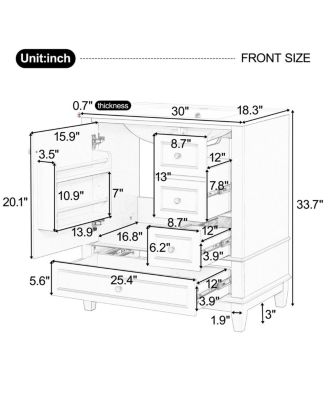 30'' Bathroom Vanity with Ceramic Sink, Solid Wood & MDF, Multi-Drawer Storage & Soft Close Door for Modern Bathrooms