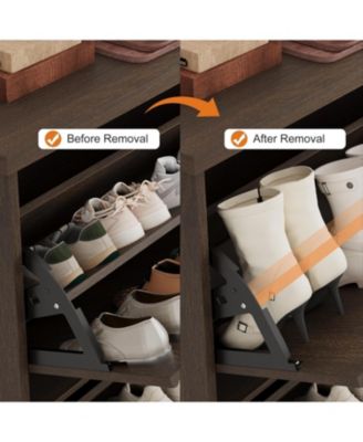 Shoe cabinet with 4 flip drawers, adjustable shelves, fluted design, and a sturdy top. A slim wooden organizer ideal for entryways.