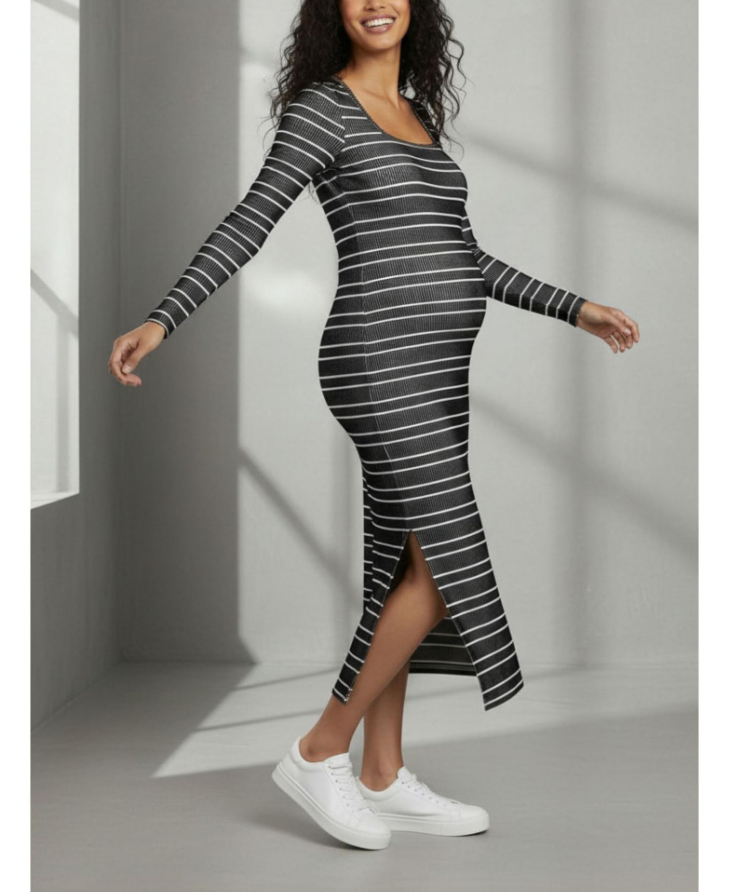 Женское платье Motherhood Maternity Square Neck Rib Knit Long Sleeve Bodycon Maxi Dress - Motherhood, цвет: Чёрный / Белый — фото 7