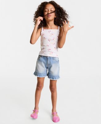 Girls' 5-20 Ruffle-Hem Denim Midi Shorts
