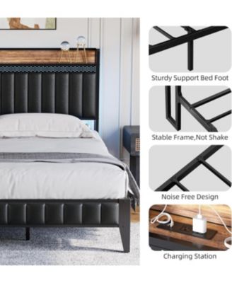 Queen Bed Frame with Charging Station, LED Bed Frame with Storage Headboard, Upholstered Platform Bed Frame, No Box Spring Needed