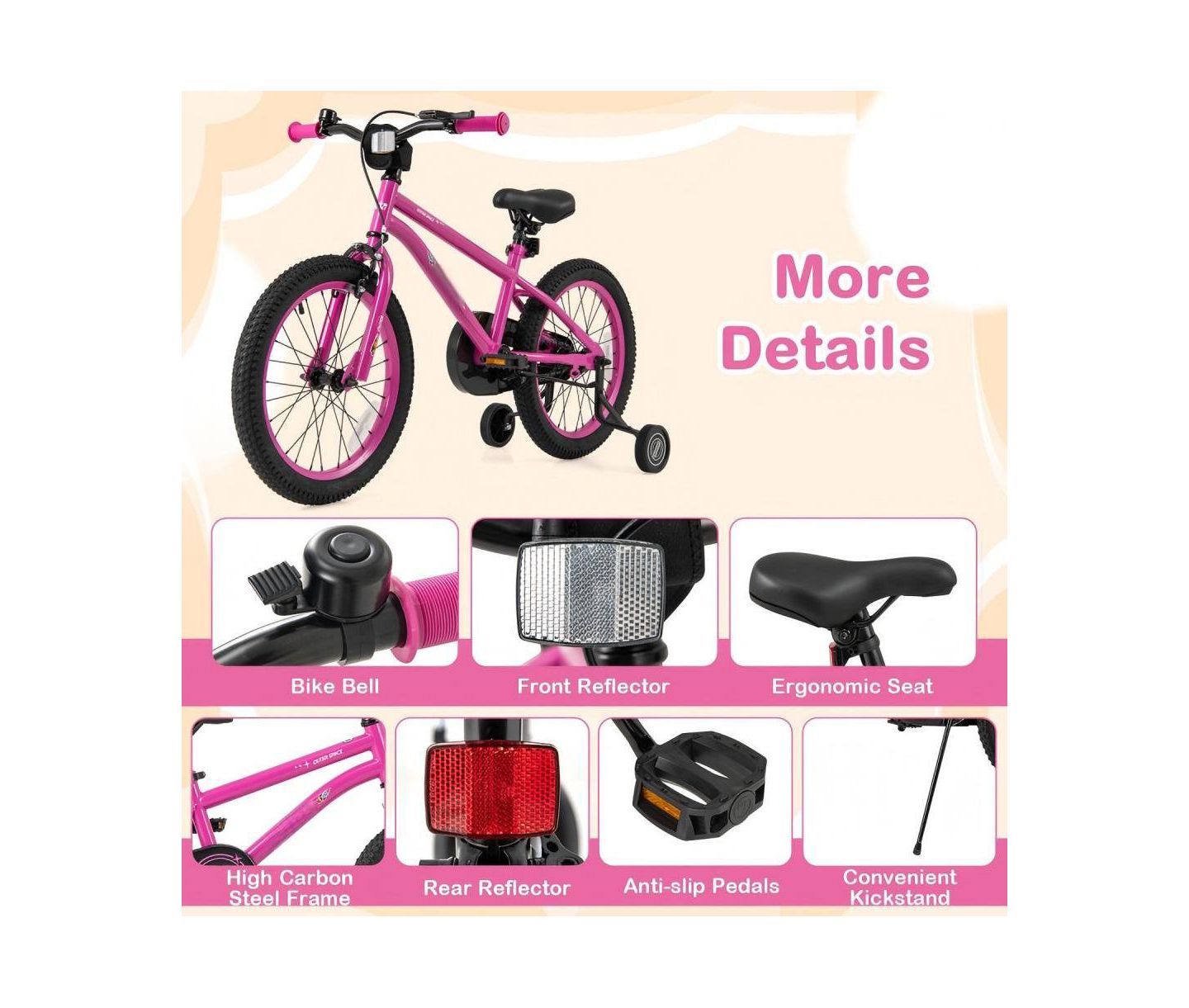 Детская игрушка HONGGE 18 Inch Adjustable Seat Removable Training Wheels Kids Bike, Ages 4-8, цвет: Розовый — фото 8