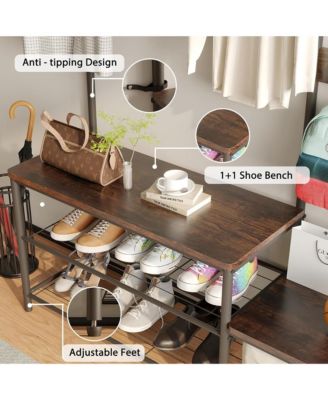 Coat Rack with Shoe Storage Bench with High and Low Seat Design and 6 Hooks for Entryway, Hallways