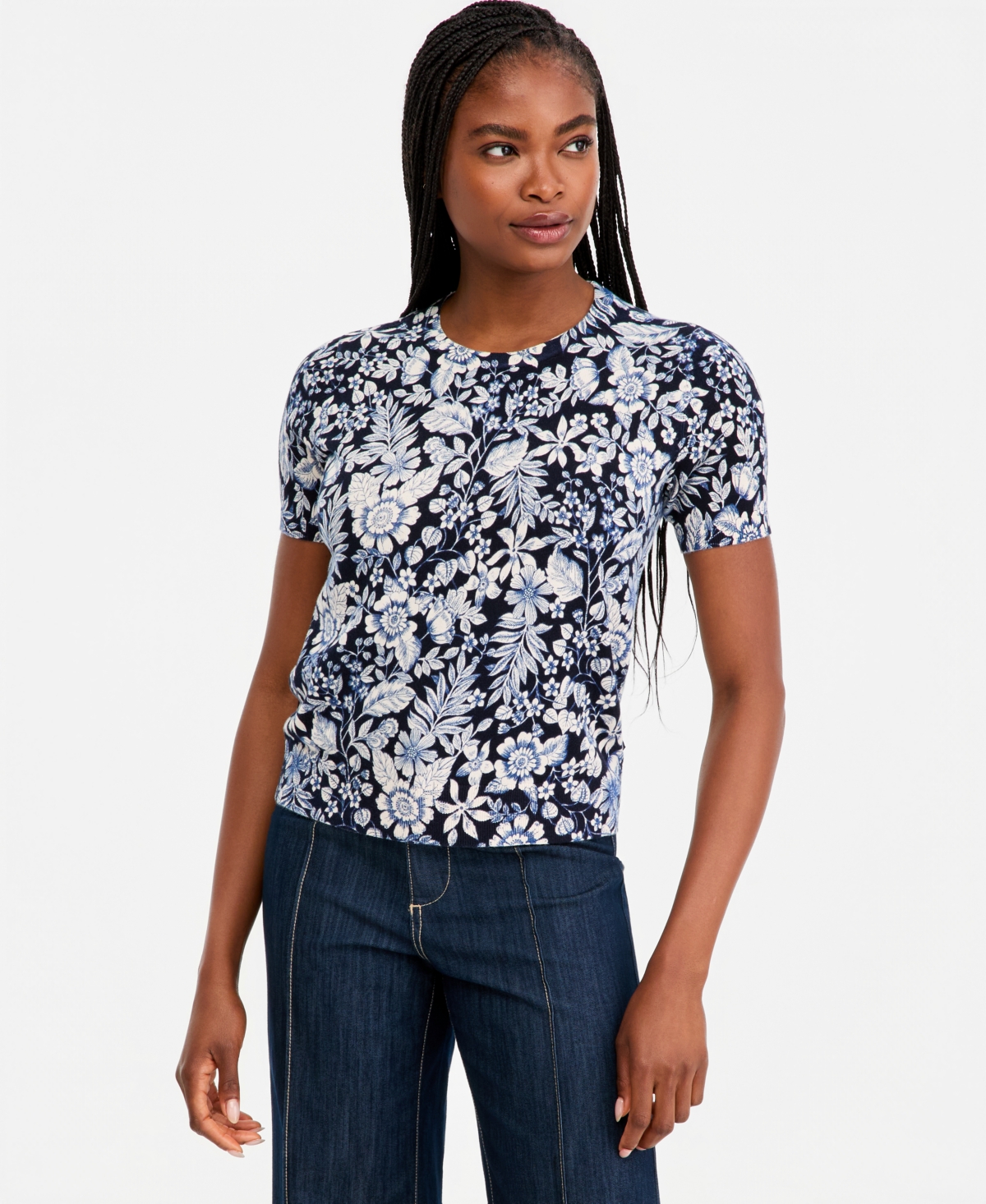 Nautica Women's Cotton Short-Sleeve Floral Sweater