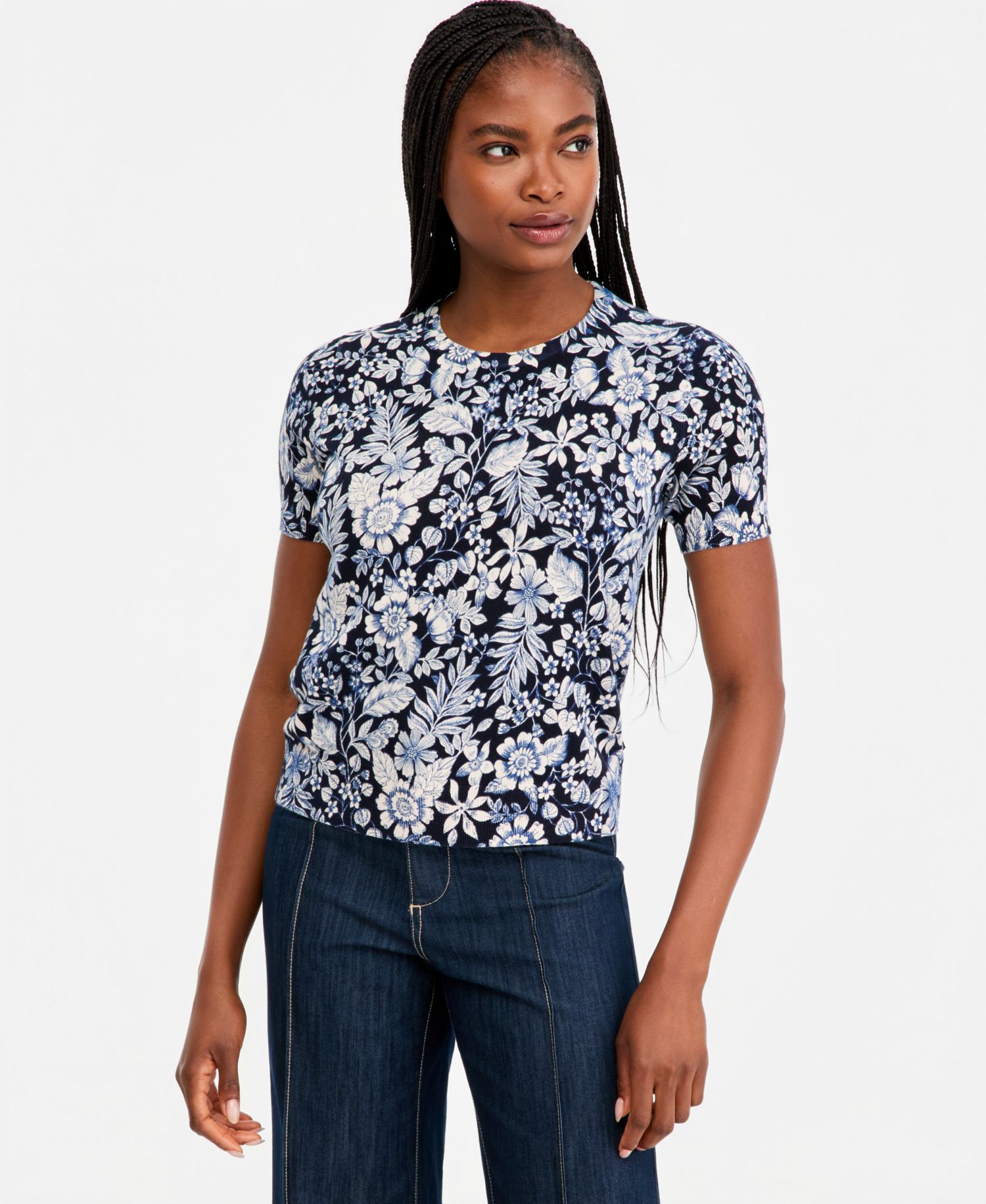 Women's Cotton Short-Sleeve Floral Sweater