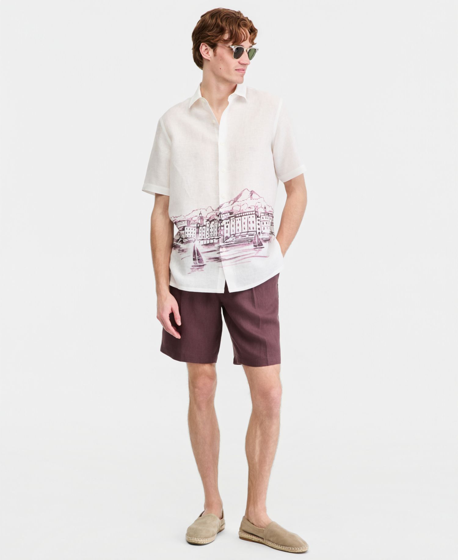 Men's Resort Scene Linen Short-Sleeve Shirt