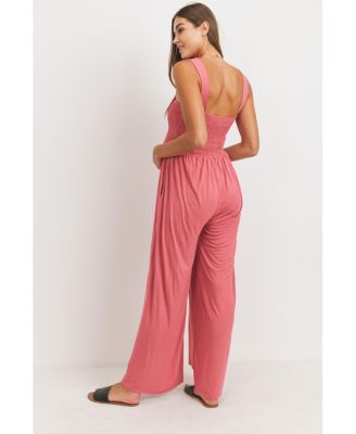 Maternity Sleeveless Smocked Bodice Wide-Leg Jumpsuit with Pockets