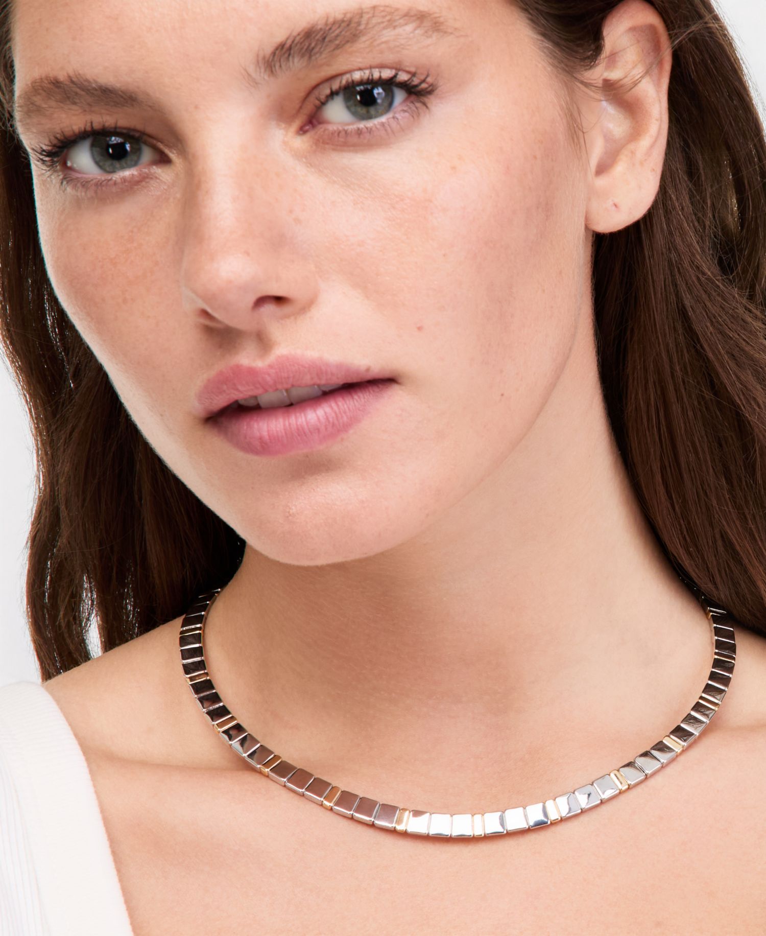 Two Tone Square Link Collar Necklace, 16" + 3" extender
