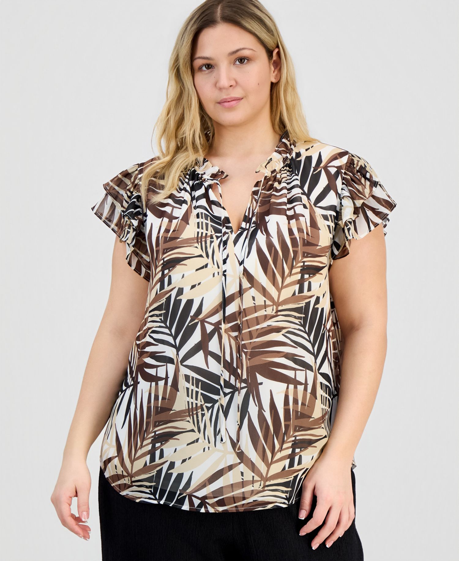 Plus Size Ruffle-Sleeve Tie-Neck Blouse
