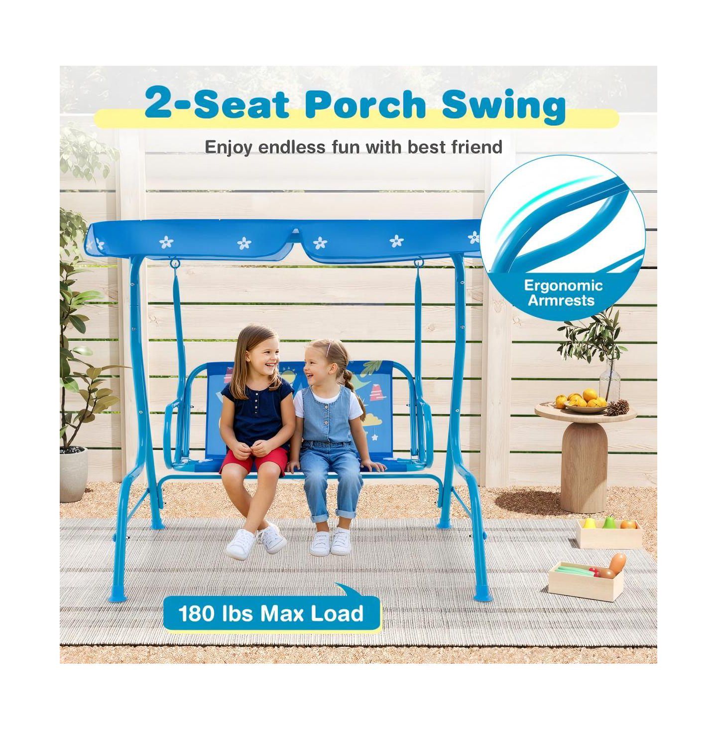 Детская игрушка HONGGE 2-Seater Kids Patio Swing with Metal Stand and Adjustable Canopy, Ages 3+, цвет: Синий — фото 7