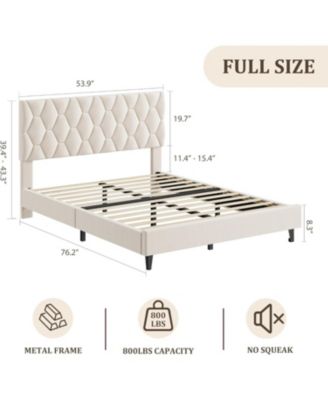 Full Bed Frame with Upholstered Headboard, Heavy-Duty Platform Bed Frame with Strong Wood Slats