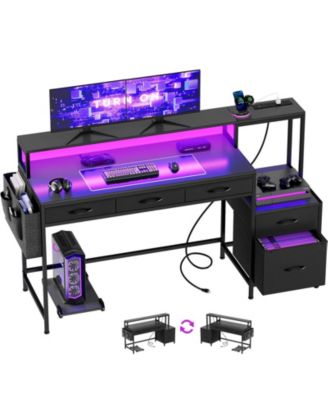 61" Modern Computer Lap Desk Table w/Storage Drawer, Monitor Stand, Charging Station, Side Pocket