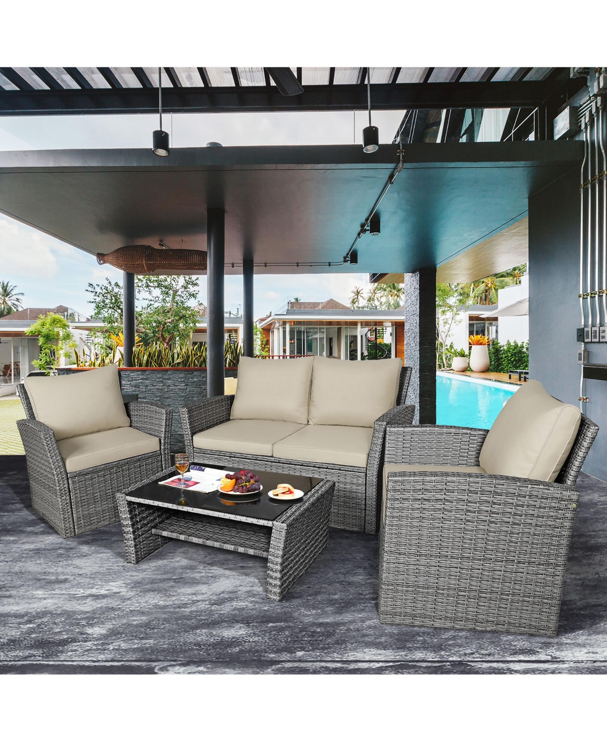 Costway 4 Pieces Patio Rattan Furniture Set with Storage Shelf Table
