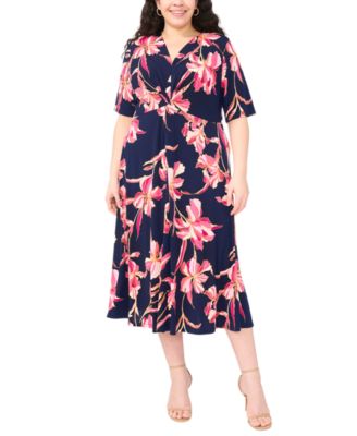 Plus Size Printed V-Neck Midi Dress