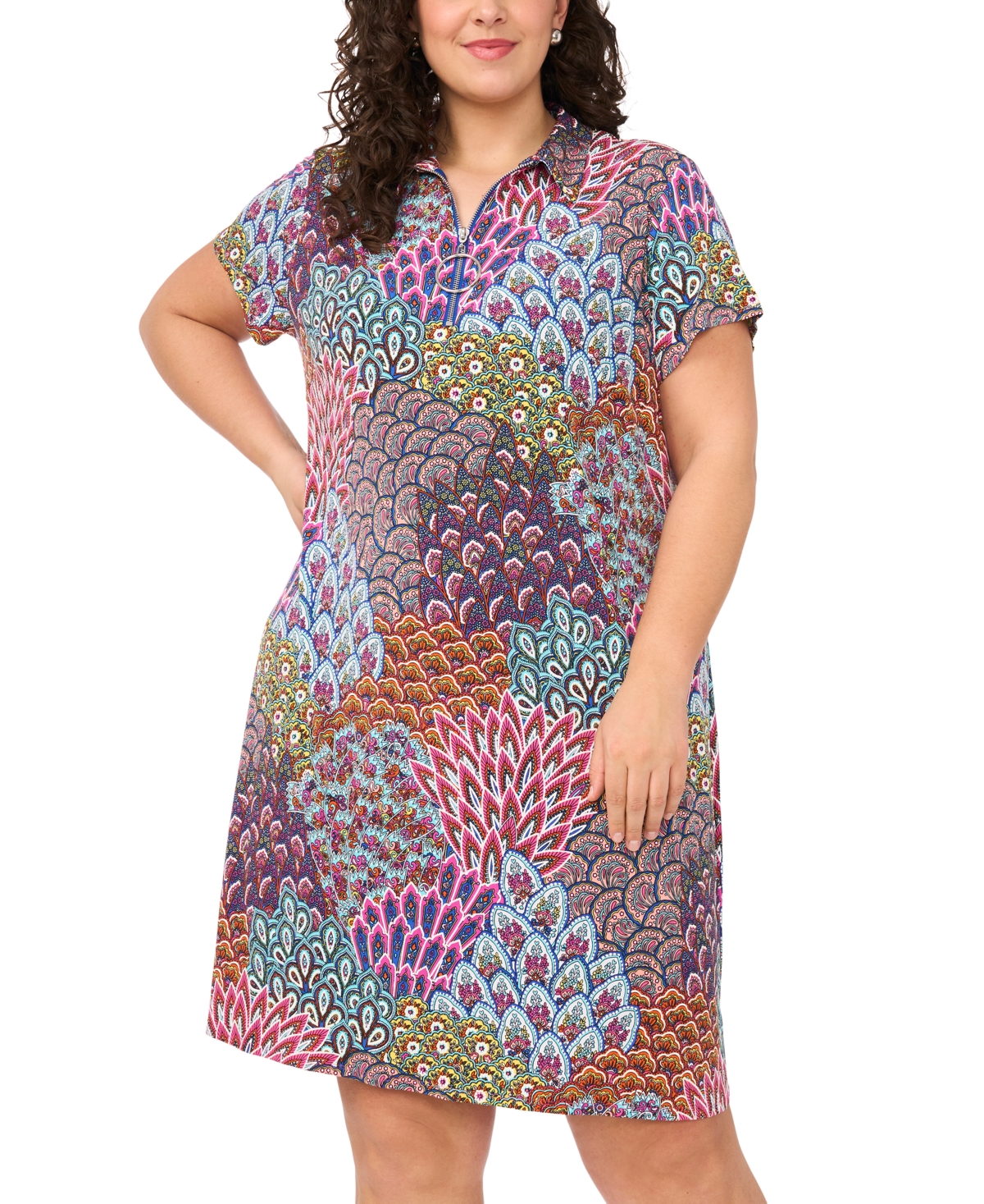 Msk Plus Collared Neck Short-Sleeve Dress
