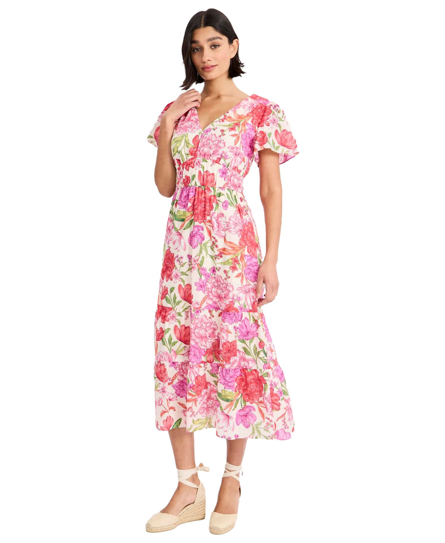 Women's Puff-Sleeve V-Neck Midi Dress