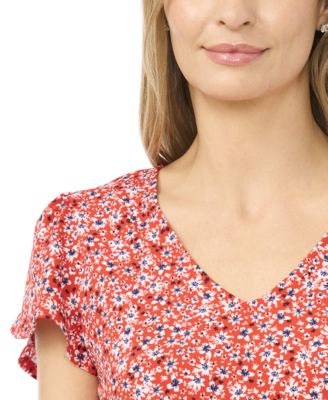 Women's V-Neck Tulip-Sleeve Printed Top