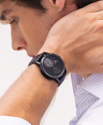 Men's Multifunction Black Leather Strap Watch, 40mm