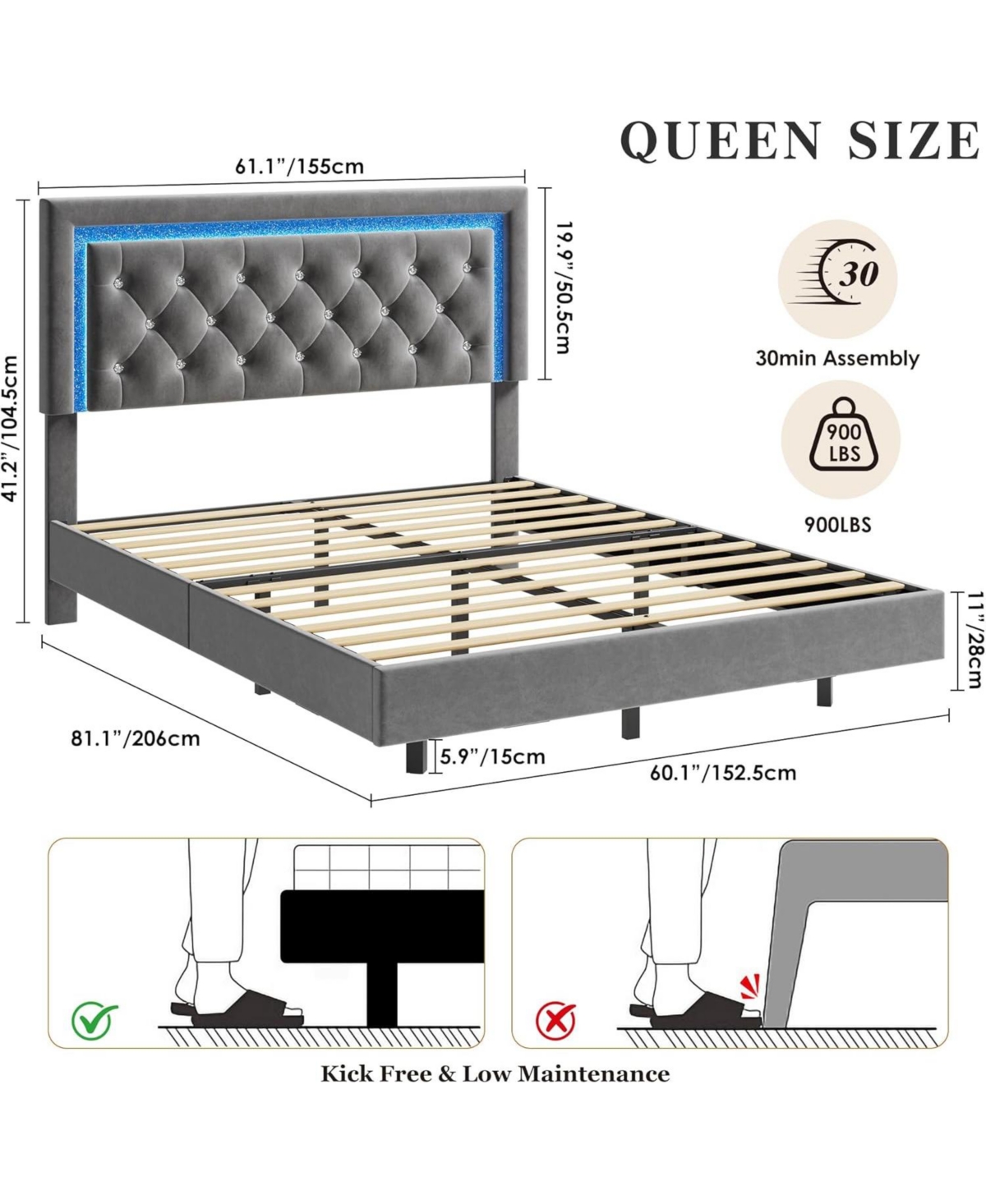 gaomon Floating Bed Frame with Smart Led Lights, Upholstered Platform Diamond Headboard, Solid Wood Slats Support