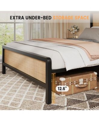 Metal Platform Bed Frame Natural Rattan Headboard, Bohemian Mattress Foundation With Strong Slats Support, No Box Spring Needed
