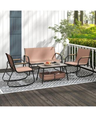8 Pieces Patio Furniture Set with 4 Rocking Bistro Chairs 2-Tier Coffee Table