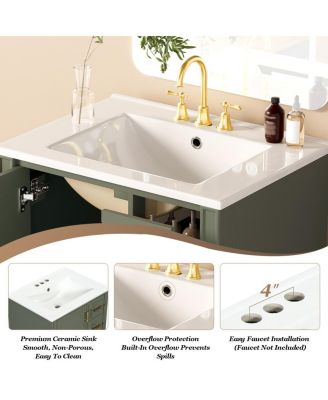 24  Bathroom Vanity with Ceramic Sink, Modern Freestanding Solid Wood MDF Cabinet, 3 Drawers Soft Close Door for Small Spaces-