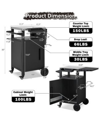33.9" Outdoor Grill Cart with Drop Leaf, Metal Bar Cart with Wheels, Stainless Steel Top, Storage Cabinet, Spice and Paper Rack for BBQ