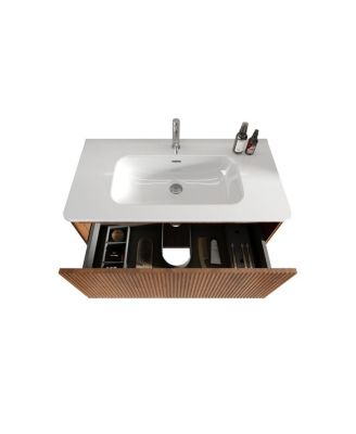 36" Walnut Floating Bathroom Vanity with Integrated Ceramic Sink & Push Open Drawer, Wall Mounted for Modern Bathroom