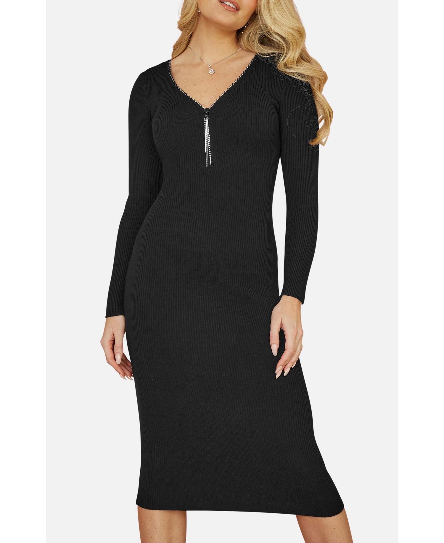 Women's Ribbed Zip-Neckline Fitted Midi Dress