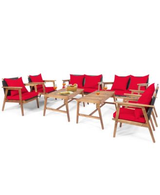 8PCS Patio Conversation Set Wood Frame Furniture Set w/ Red Cushions