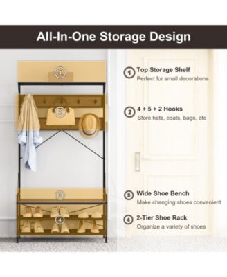 4-in-1 Hall Tree Coat Rack with 11 Hooks and Shoe Bench