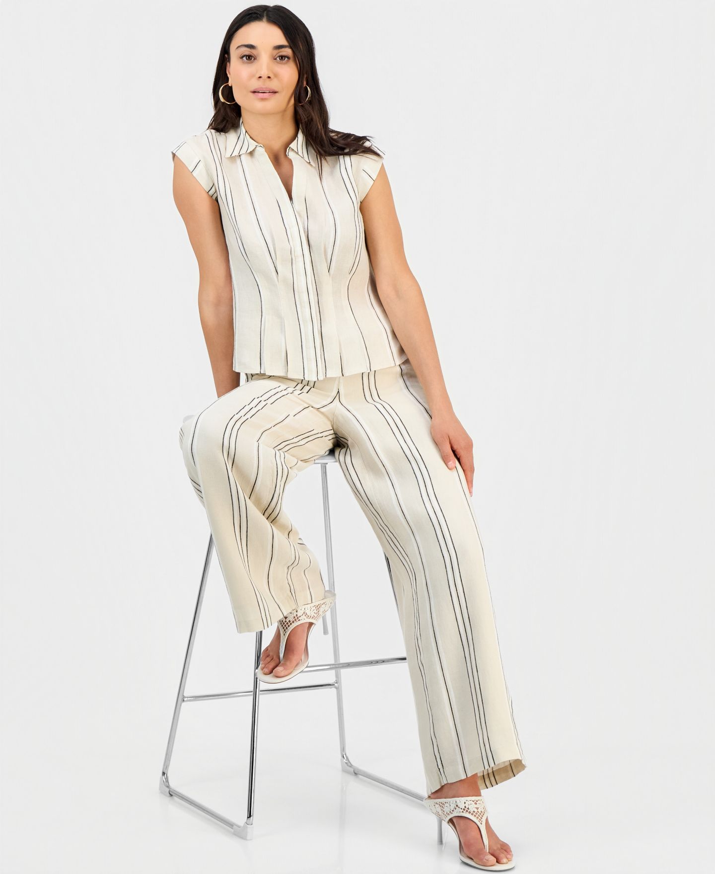 Женская блузка I.N.C. International Concepts Petite Printed Short-Sleeve Collared Button-Up Blouse, цвет: Полосатый — фото 7