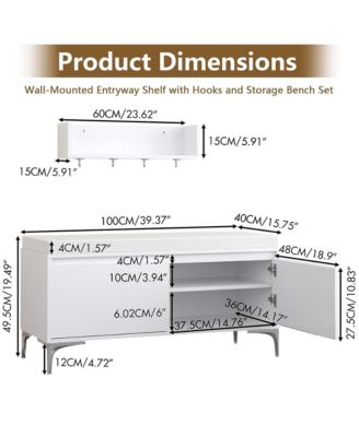 Wall-Mounted Entryway Shelf with Hooks and Storage Bench Set for Entryway, Hallway, Living Room, Bedroom