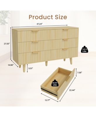 6 Drawer Dresser for Bedroom, Fluted Wooden Chest of Drawers with Metal Handle for Living Room, Hallway and Entrance
