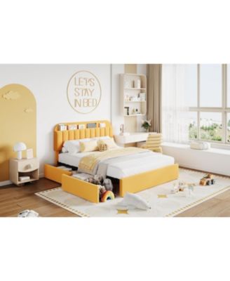 Full Platform Bed Frame- Storage Headboard 2 Rolling Drawers Noise-Free No Box Spring Needed