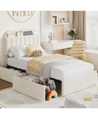 Bed Frame Storage Headboard 2 Drawers Boucle Upholstered Platform Bookcase Easy Assembly No Box
