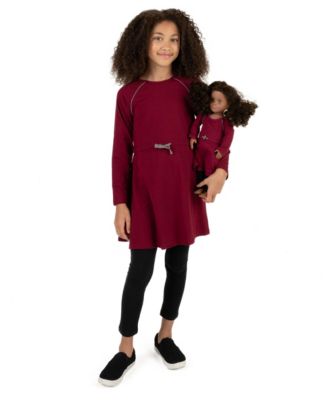 Girls Matching Girl & Doll Drawstring Cinch-Waist Long Sleeve Dress