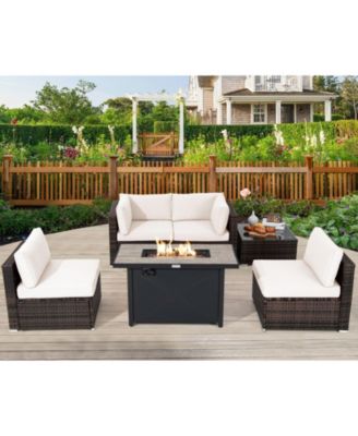 6PCS Patio Furniture Set Rattan Cushioned Sofa Gas Fire Pit Table
