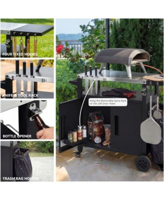 Outdoor Grill Cart with Drop Leaf, Metal Bar Cart with Wheels, Stainless Steel Top, Storage Cabinet, Spice and Paper Rack for BBQ