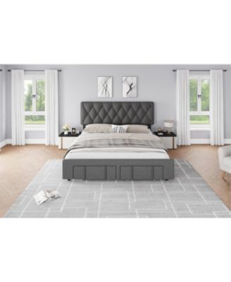 Full Bed Frame Diamond Tufted Headboard Upholstered Platform Storage Drawer Wooden Slats No Box Spring Noise-Free
