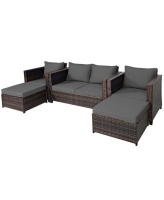 5PCS Patio Rattan Furniture Set Loveseat Sofa Ottoman Cushioned