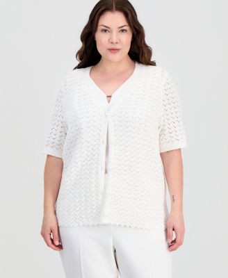 Plus Size Short-Sleeve Scalloped-Hem Cardigan
