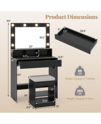 Vanity Table Set with Lighted Mirror and Cushion Stool-Black