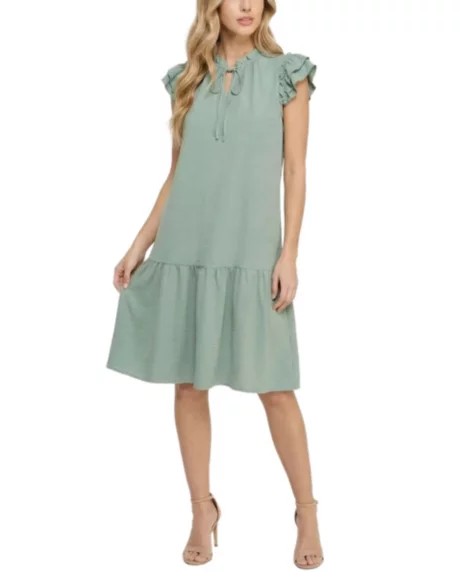 Petite Flutter-Sleeve Flounced Dress - Sage