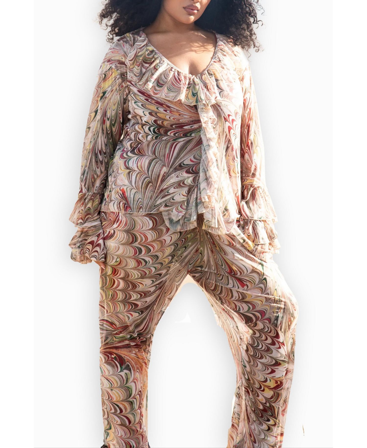 Women's Curve V-Neck Ruffle Printed Resort Top