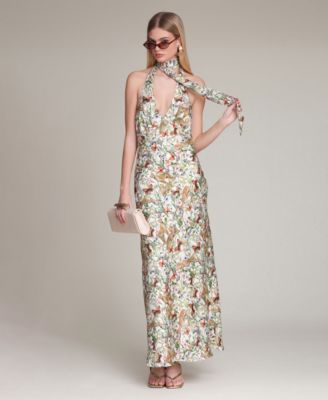 Women's Printed Halter Scarf-Tie Maxi Dress
