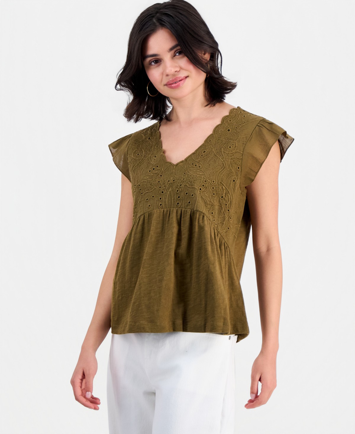 Женские Democracy Petite Embroidered Cotton Flutter-Sleeve Top — фото 1